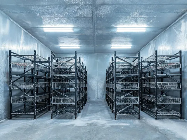 Cold storage pallet rack with wire decks