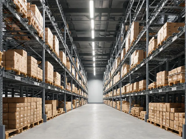 Selective pallet rack aisle in a distribution warehouse
