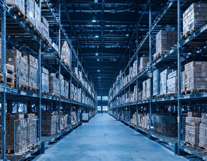 Heavy duty pallet rack bays loaded with palletized cartons in a warehouse aisle