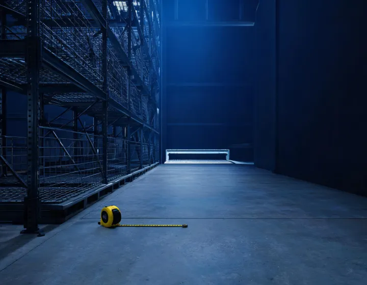 Tape measure across a pallet rack aisle and dock lip